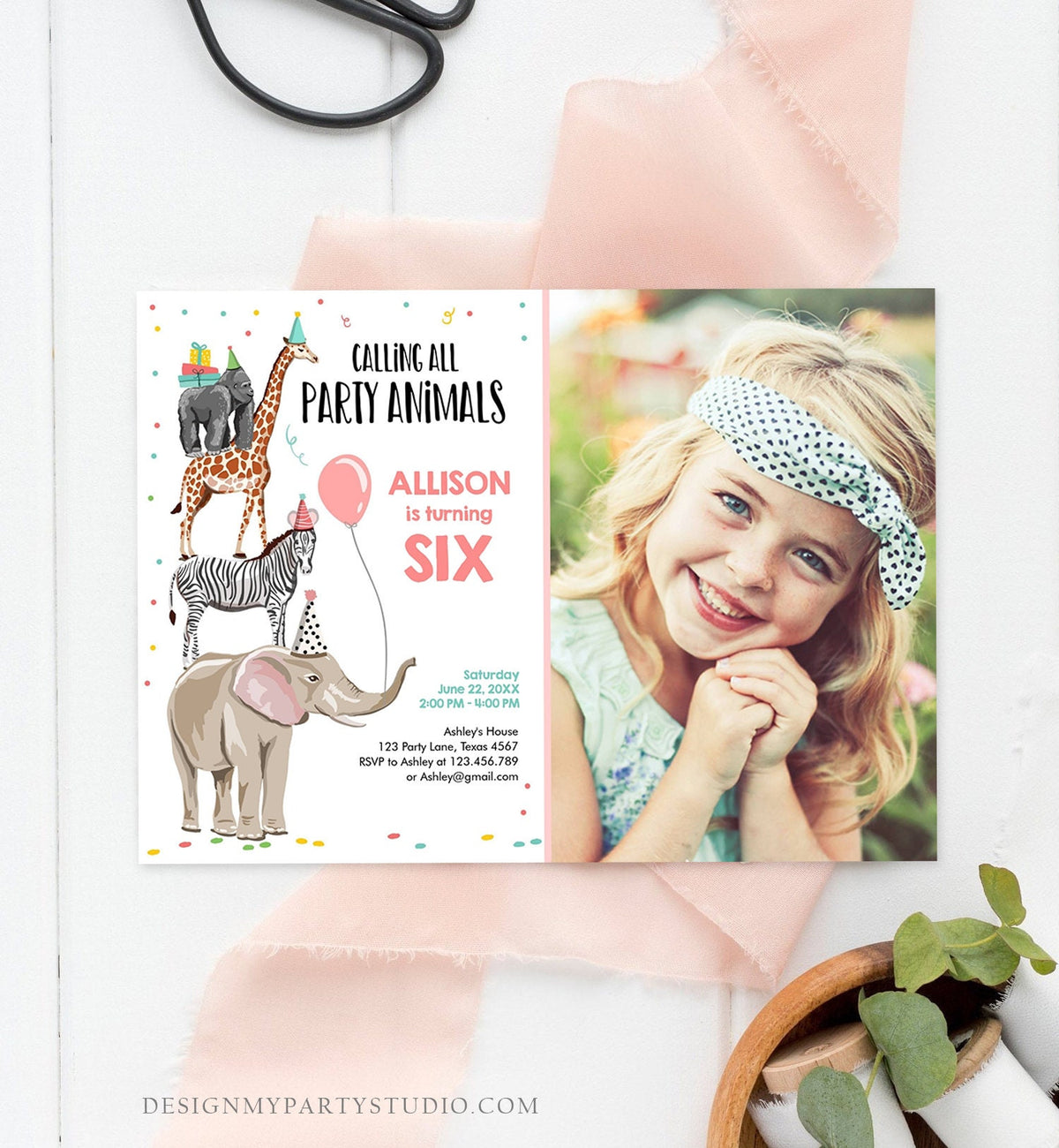 Editable Party Animals Birthday Invitation Wild One Animals Invitation Zoo Safari Animals Girl Download Printable Corjl Template 0142