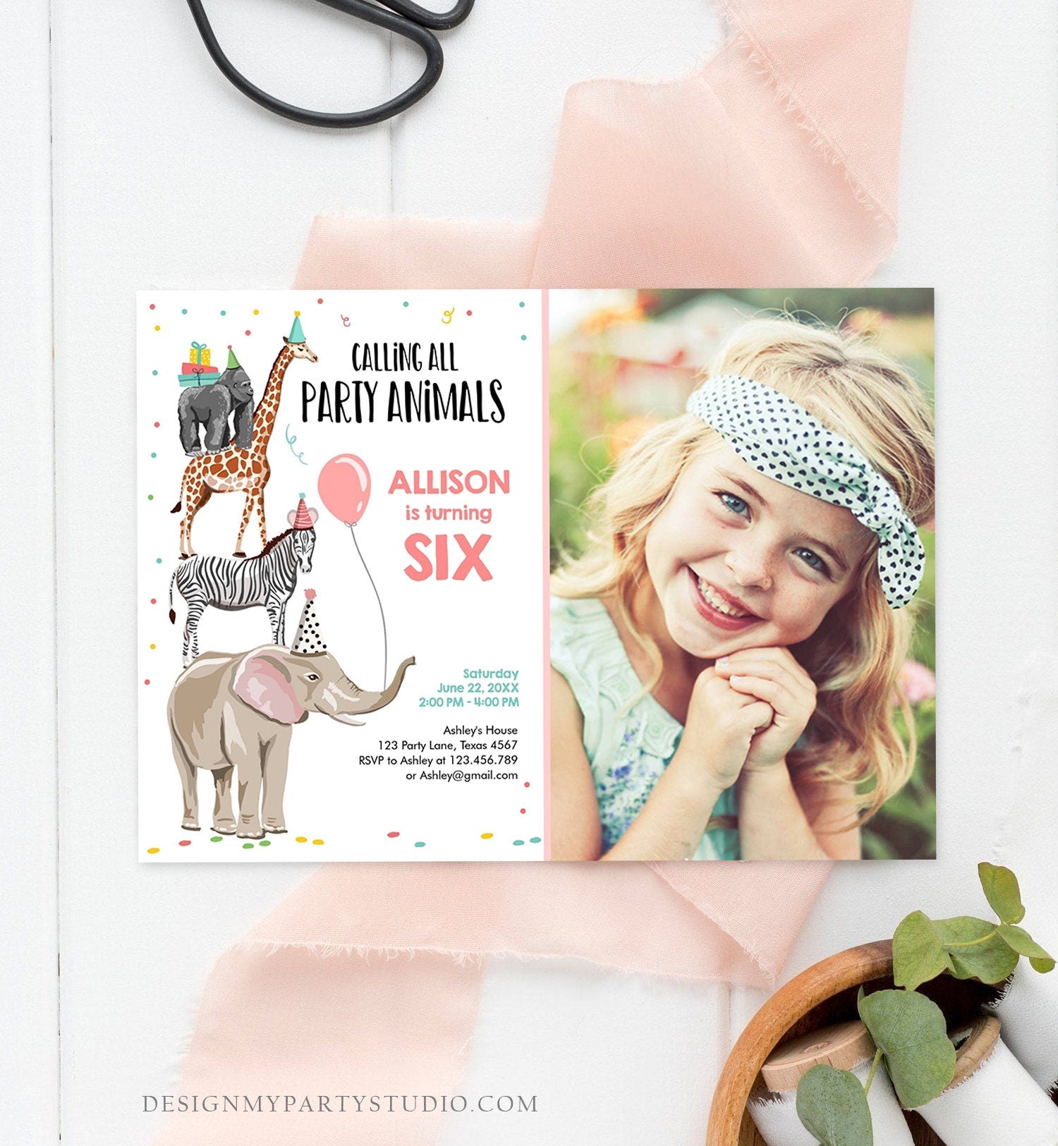 Editable Party Animals Birthday Invitation Wild One Animals Invitation Zoo Safari Animals Girl Download Printable Corjl Template 0142