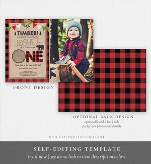 Editable Lumberjack Birthday Invitation Rustic Woodland Birthday Bear Forest Red Plaid Instant Download Printable Template Corjl 0026