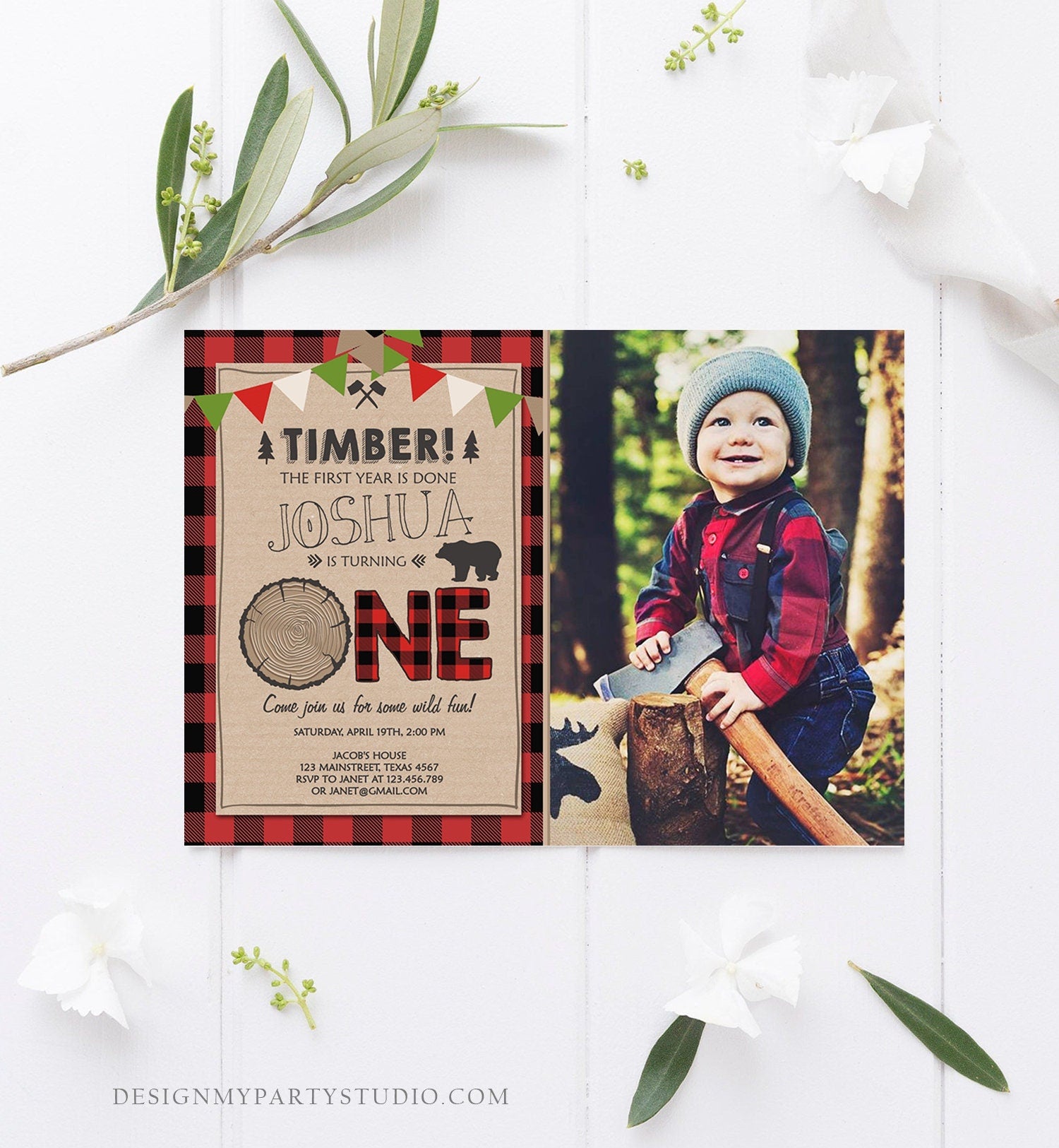 Editable Lumberjack Birthday Invitation Rustic Woodland Birthday Bear Forest Red Plaid Instant Download Printable Template Corjl 0026