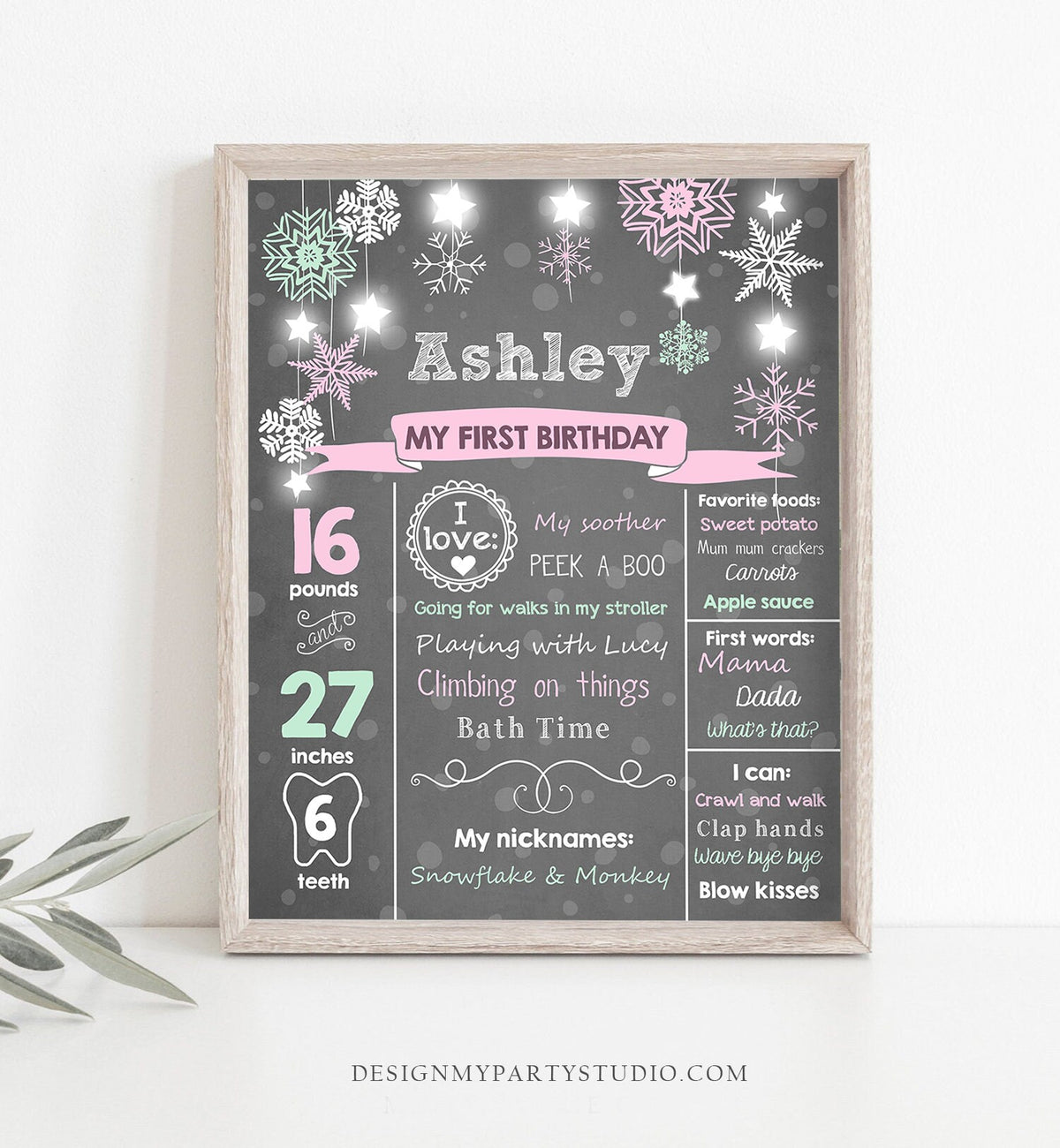 Editable Winter Onederland Birthday Milestones Sign First Birthday 1st Snowflakes Girl Pink Teal Cold Outside Corjl Template Printable 0057