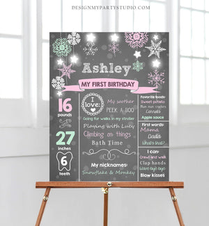 Editable Winter Onederland Birthday Milestones Sign First Birthday 1st Snowflakes Girl Pink Teal Cold Outside Corjl Template Printable 0057