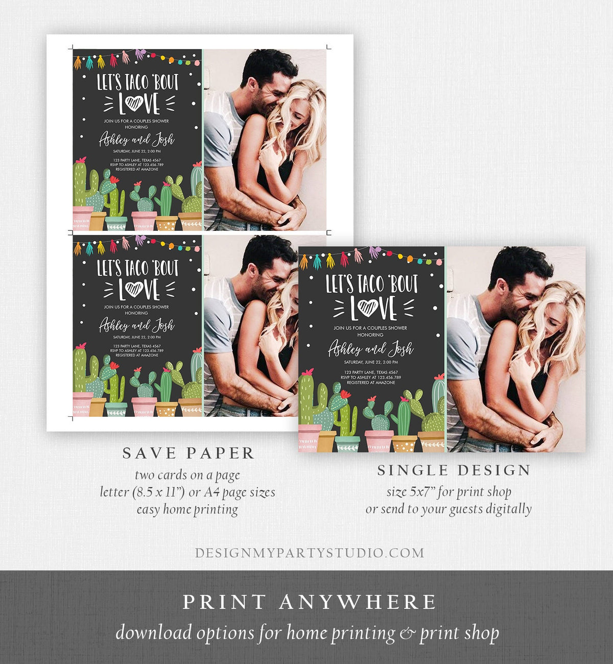 Editable Taco Bout Love Couples Shower Invitation Fiesta Cactus Succulent Mexican Green Pink Chalk Download Corjl Template Printable 0254