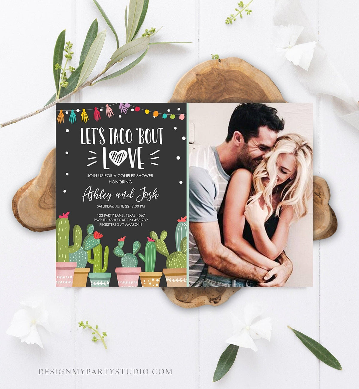 Editable Taco Bout Love Couples Shower Invitation Fiesta Cactus Succulent Mexican Green Pink Chalk Download Corjl Template Printable 0254