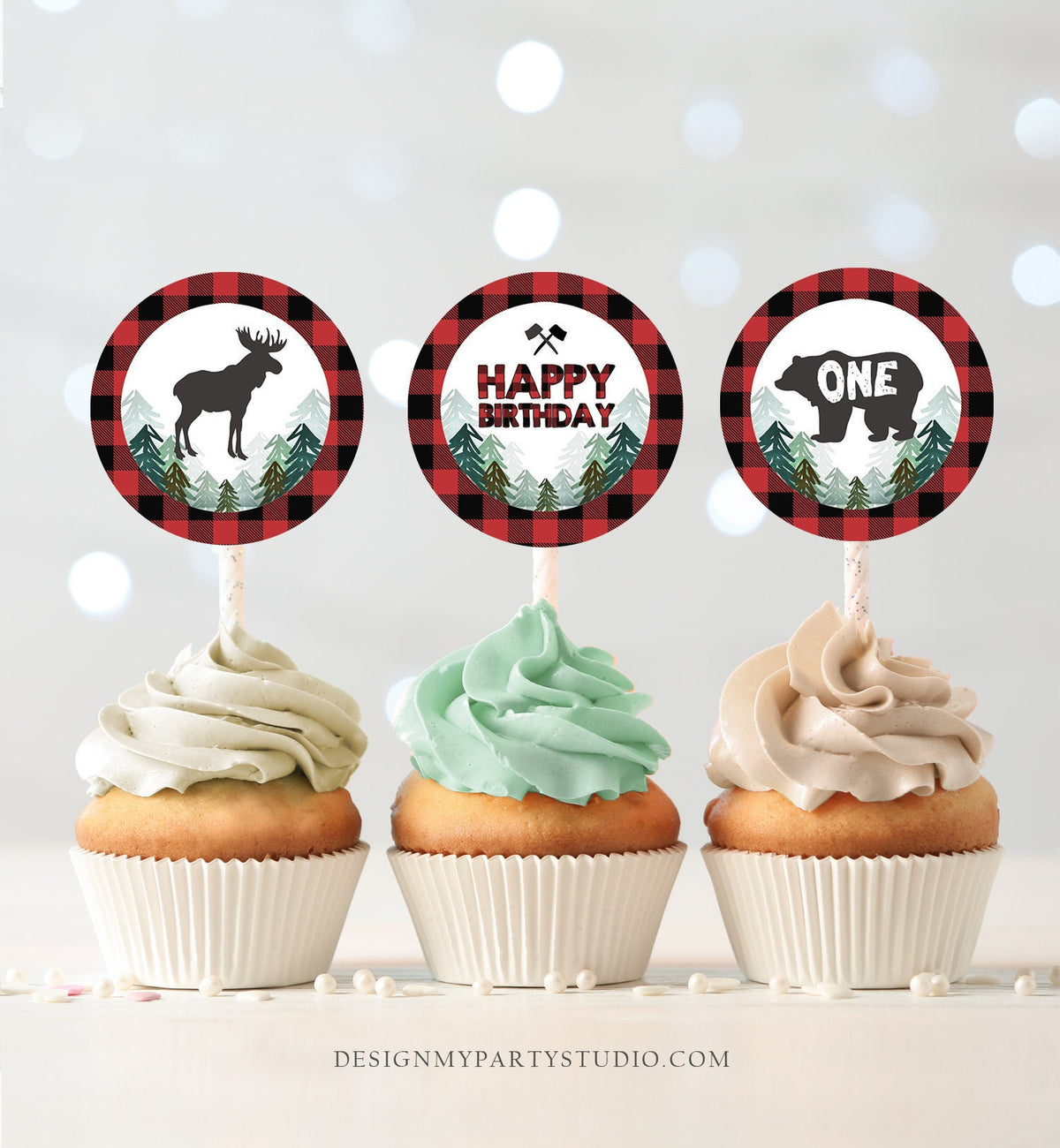 Lumberjack Cupcake Toppers Favor Tags Birthday Party Decoration Buffalo Plaid Trees Bear Birthday Decor download Digital PRINTABLE 0377