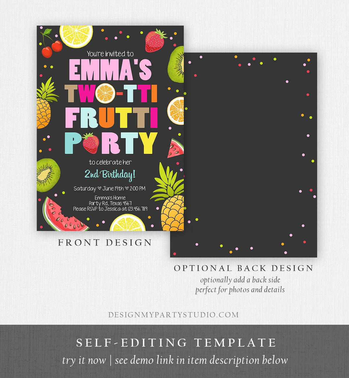 Editable Two-tti Frutti Birthday Invitation Tutti Frutti Party Fruit Tropical Summer Instant Download Printable Template Digital Corjl 0127
