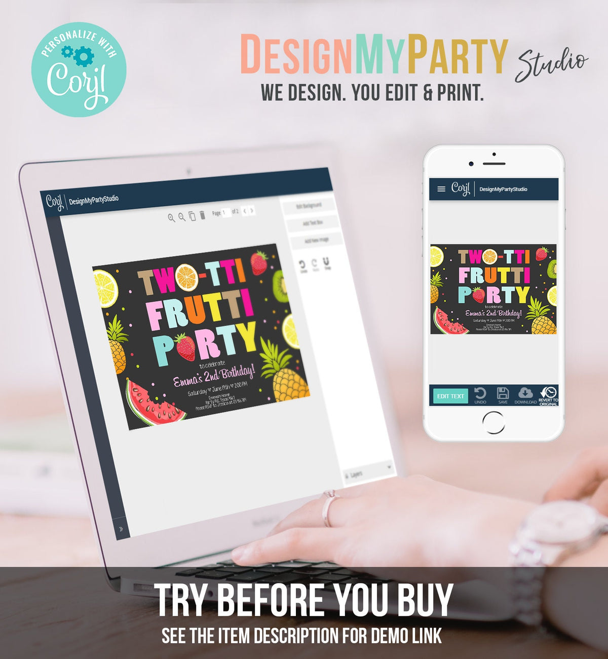 Editable Two-tti Frutti Birthday Invitation Tutti Frutti Party Fruit Tropical Summer Instant Download Printable Template Digital Corjl 0127