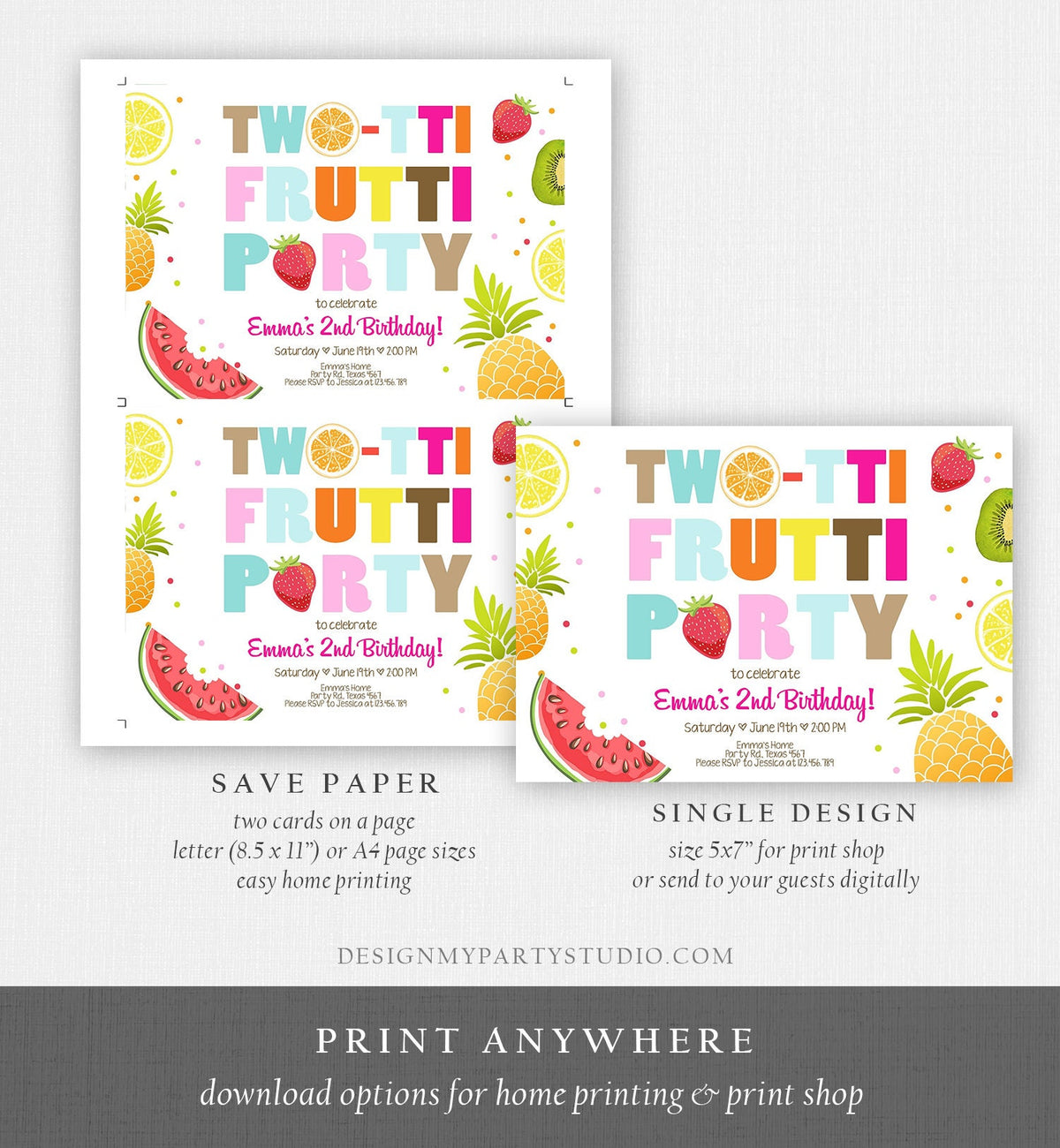 Editable Two-tti Frutti 2nd Birthday Invitation Twotti Frutti Party Fruit Tropical Summer Download Printable Template Digital Corjl 0127