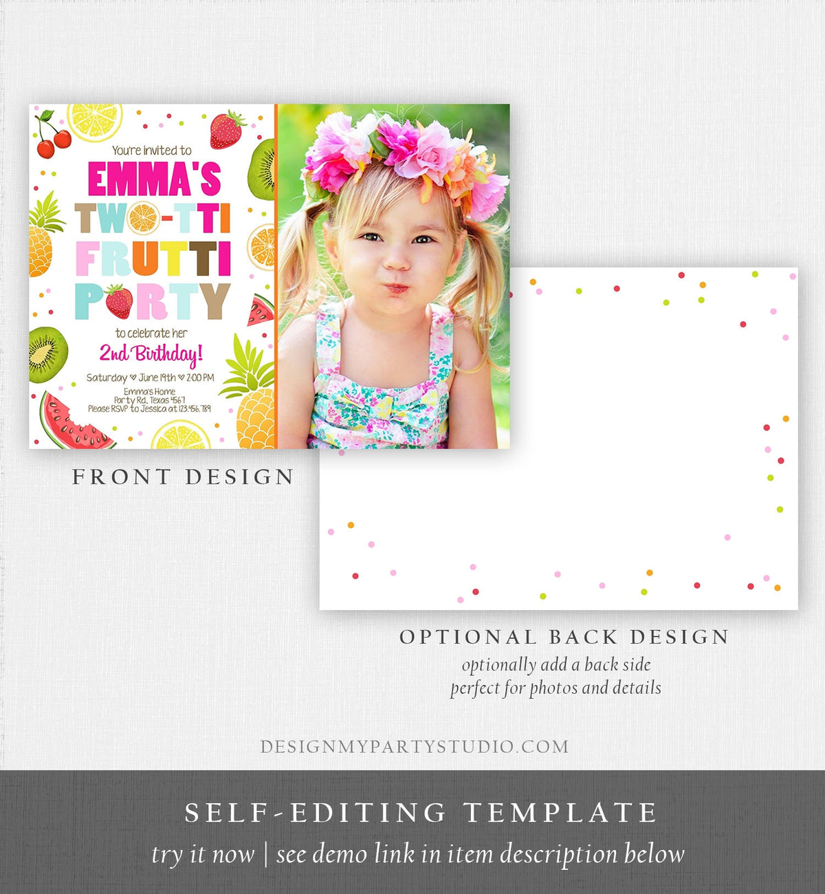 Editable Two-tti Frutti 2nd Birthday Invitation Twotti Frutti Party Fruit Tropical Summer Download Printable Template Digital Corjl 0127