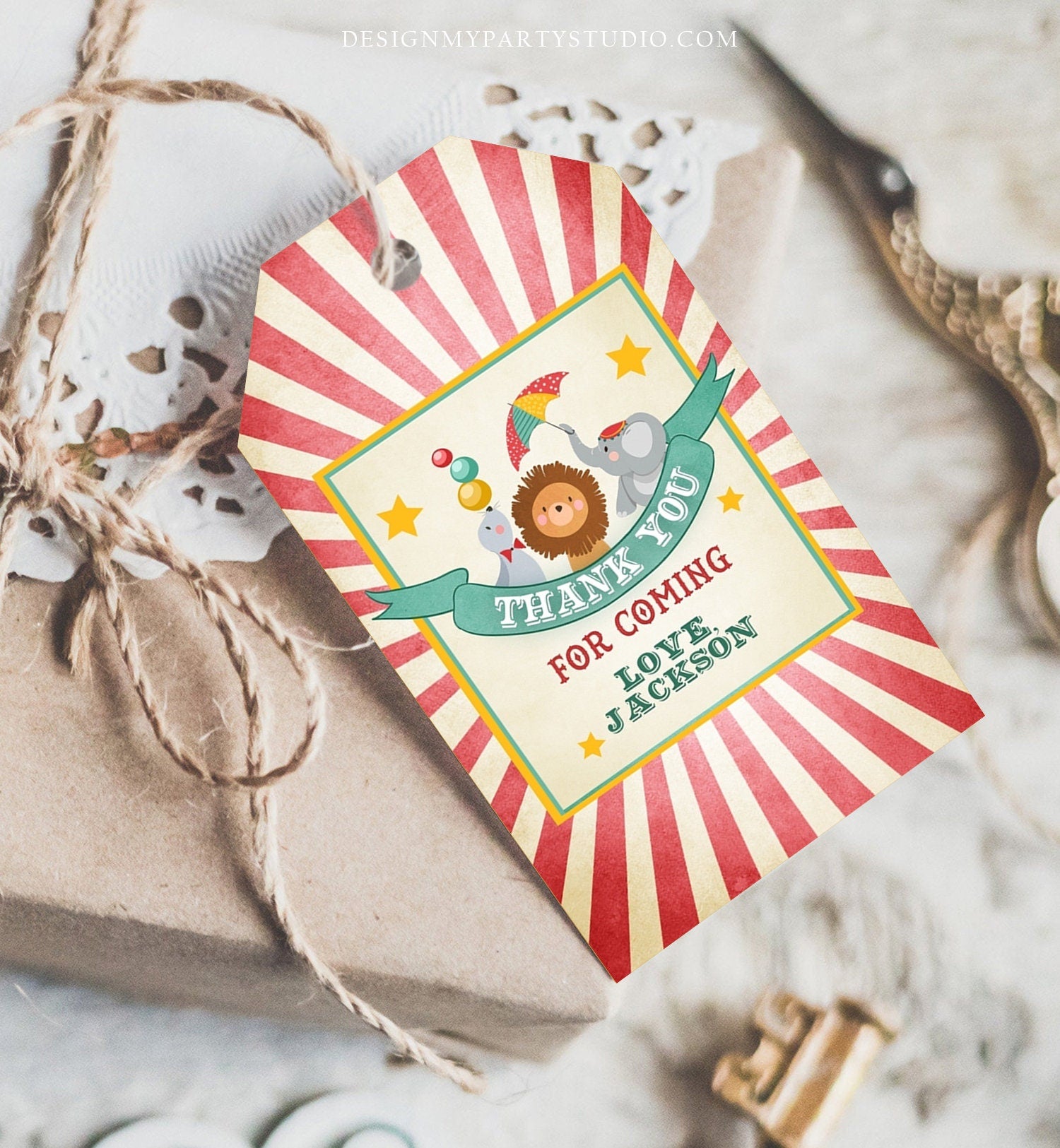 Editable Carnival Favor Tags Circus Favor Tags Vintage Carnival Birthday Circus Thank you Blue Red Boy Animals Template PRINTABLE Corjl 0013