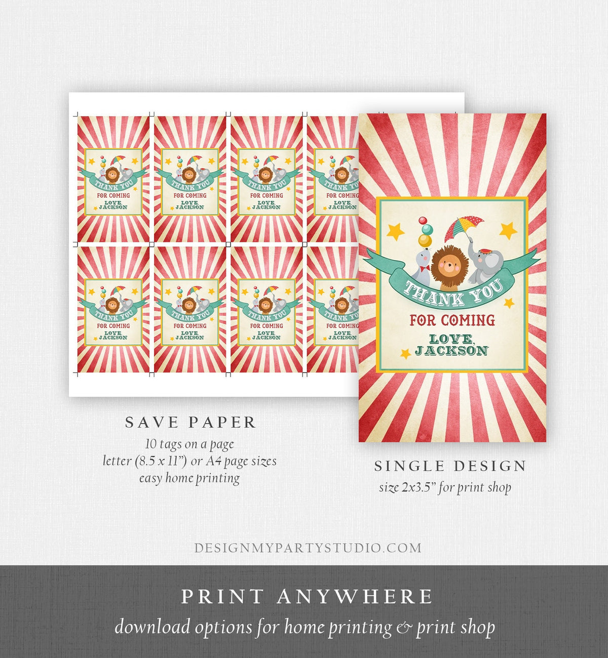 Editable Carnival Favor Tags Circus Favor Tags Vintage Carnival Birthday Circus Thank you Blue Red Boy Animals Template PRINTABLE Corjl 0013