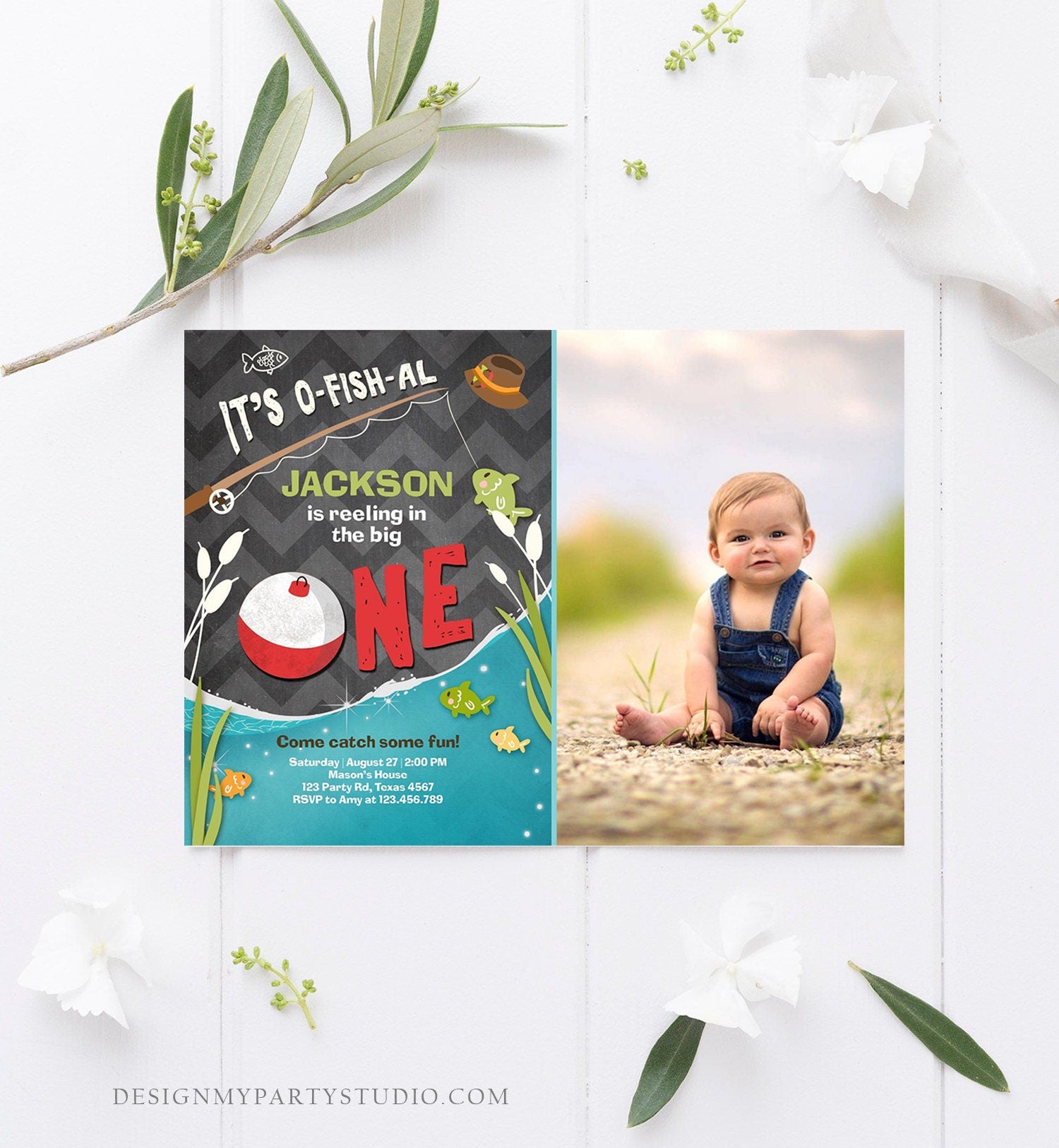 Editable First Birthday Fishing Invitation Fishing Party The Big One O-fish-al Gone Fishing Boy Download Printable Template Corjl 0080