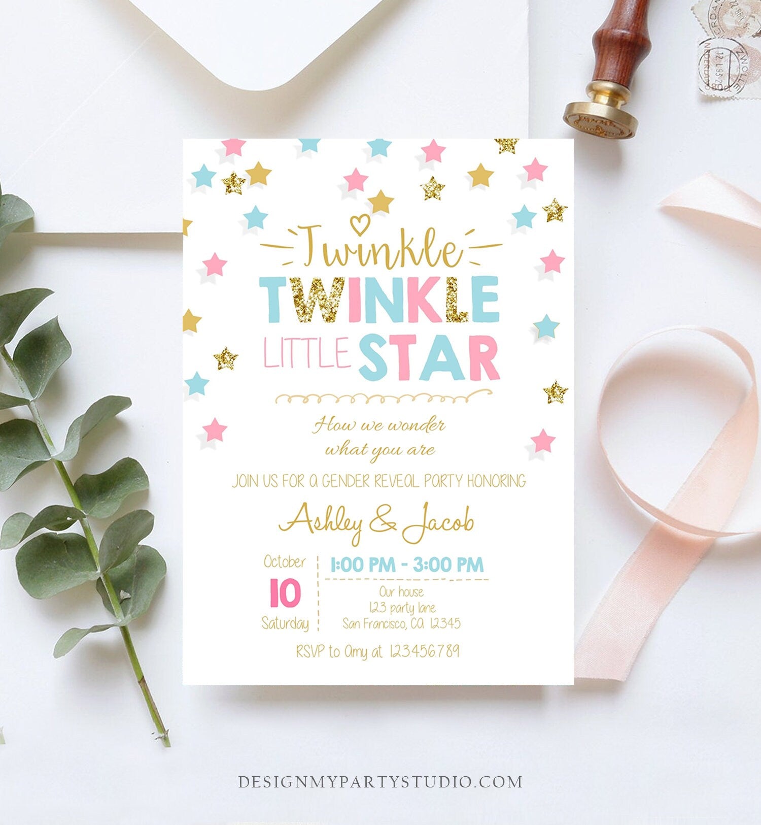 Editable Twinkle Little Star Gender Reveal Invitation Baby Shower Blue or Pink He or She Little Star Download Corjl Template Printable 0028