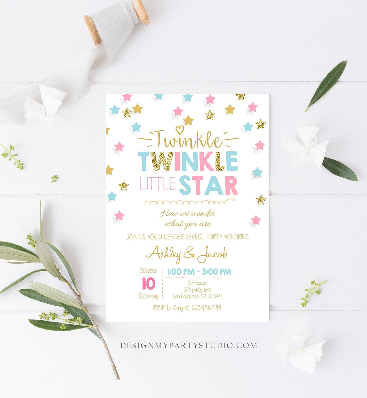Editable Twinkle Little Star Gender Reveal Invitation Baby Shower Blue or Pink He or She Little Star Download Corjl Template Printable 0028