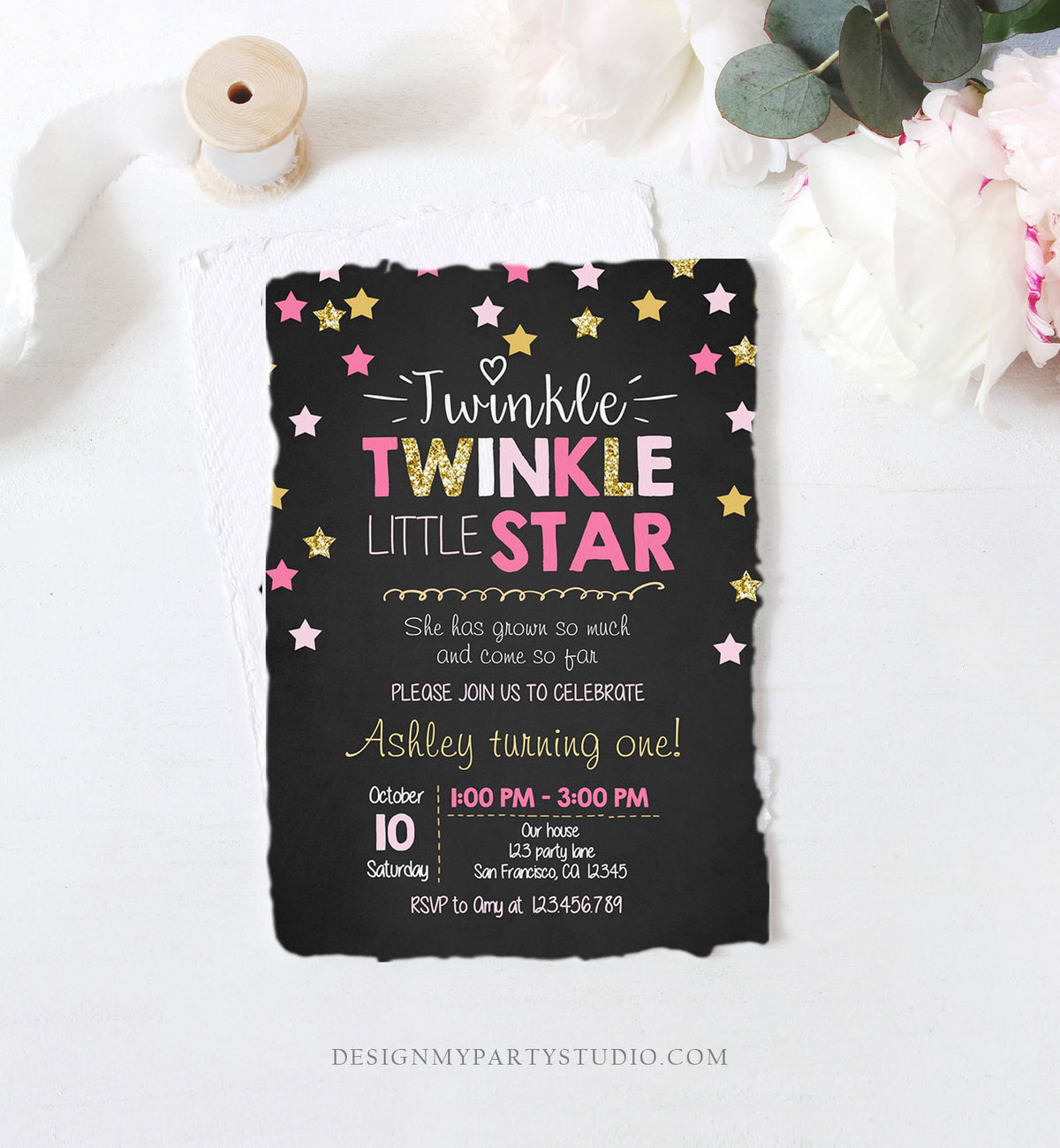 Editable Twinkle Little Star Birthday Invitation Pink Gold Glitter Girl First Birthday Chalk Stars Download Corjl Template Printable 0028
