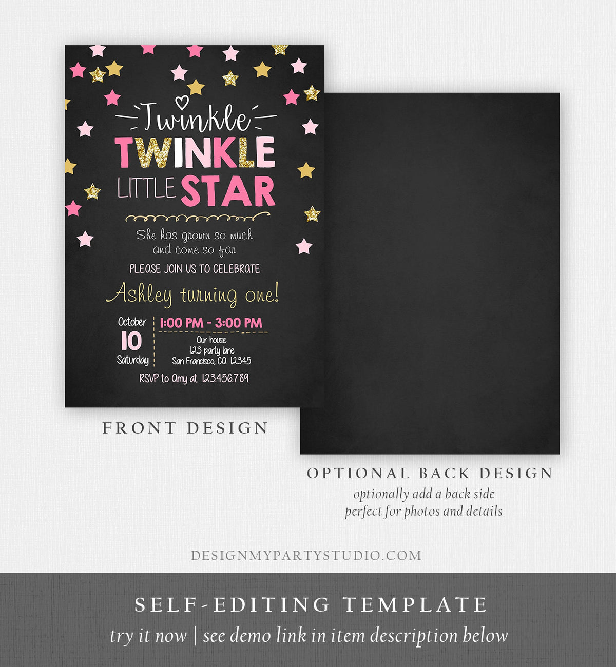 Editable Twinkle Little Star Birthday Invitation Pink Gold Glitter Girl First Birthday Chalk Stars Download Corjl Template Printable 0028