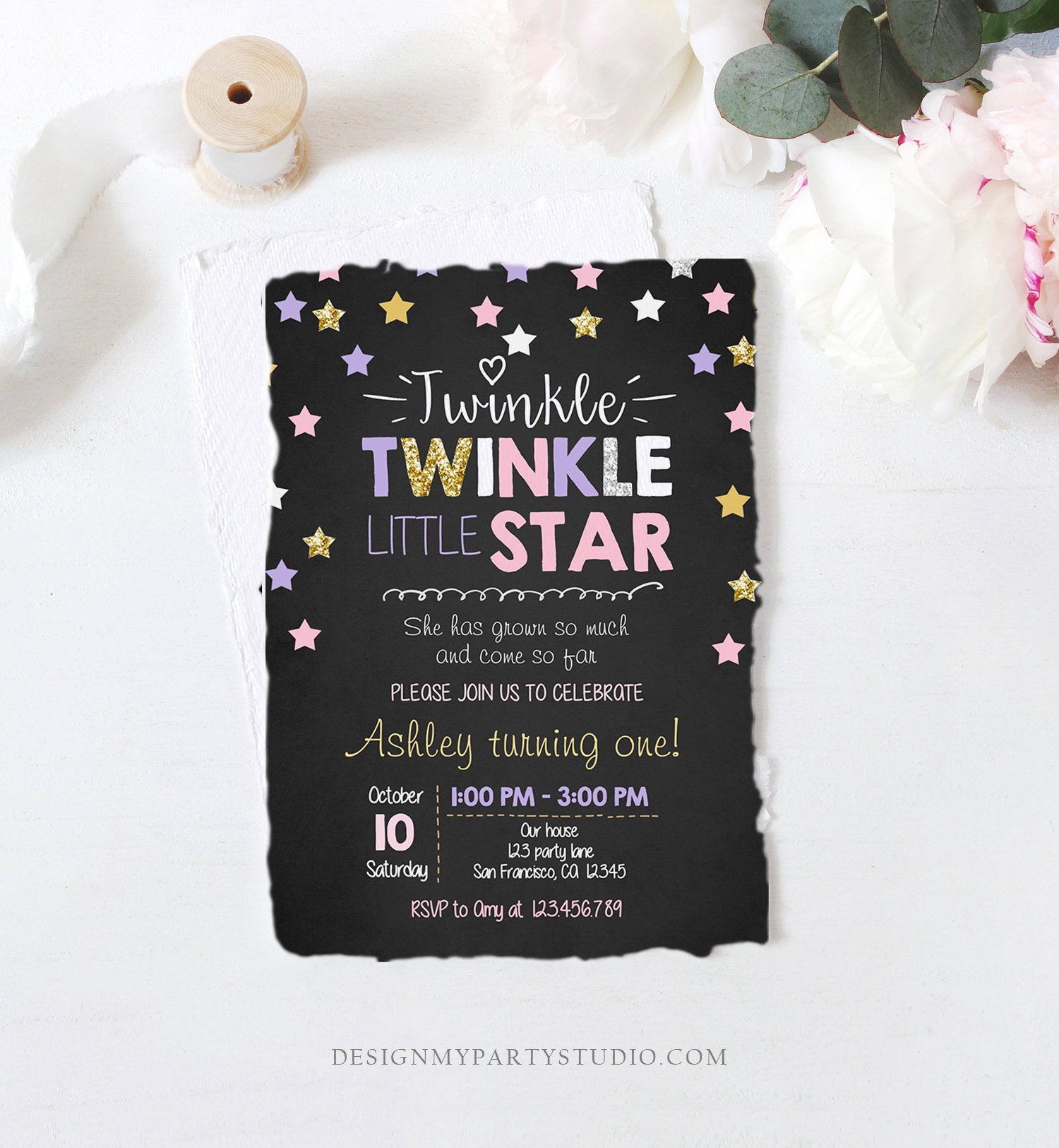 Editable Twinkle Little Star Birthday Invitation Pink Purple Gold Silver Girl First Birthday Chalk Stars Corjl Template Printable 0028