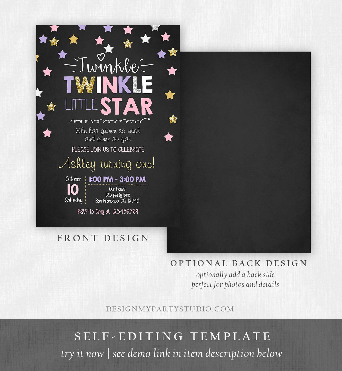 Editable Twinkle Little Star Birthday Invitation Pink Purple Gold Silver Girl First Birthday Chalk Stars Corjl Template Printable 0028