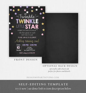 Editable Twinkle Little Star Birthday Invitation Pink Purple Gold Silver Girl First Birthday Chalk Stars Corjl Template Printable 0028