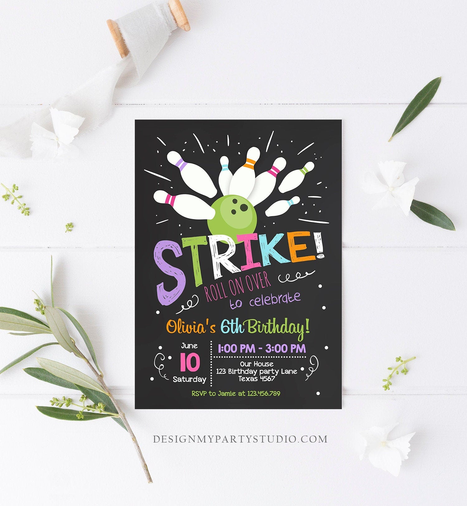 Editable Bowling Birthday Invitation Girls Pink Purple Bowling Party S - Design My Party Studio editable-bowling-birthday-invitation-girls-pink-purple-bowling-party-s-design-my-party-studio