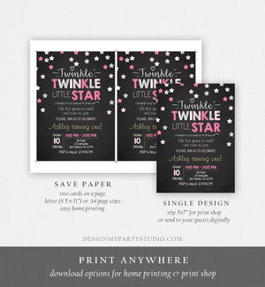 Editable Twinkle Little Star Birthday Invitation Pink Purple Silver Girl First Birthday Chalk Stars Download Corjl Template Printable 0028