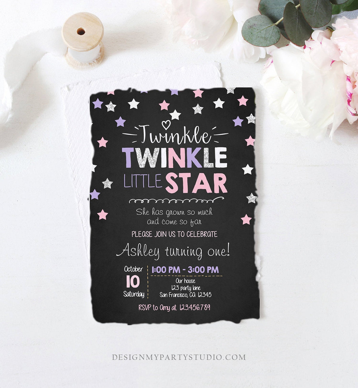 Editable Twinkle Little Star Birthday Invitation Pink Purple Silver Girl First Birthday Chalk Stars Download Corjl Template Printable 0028