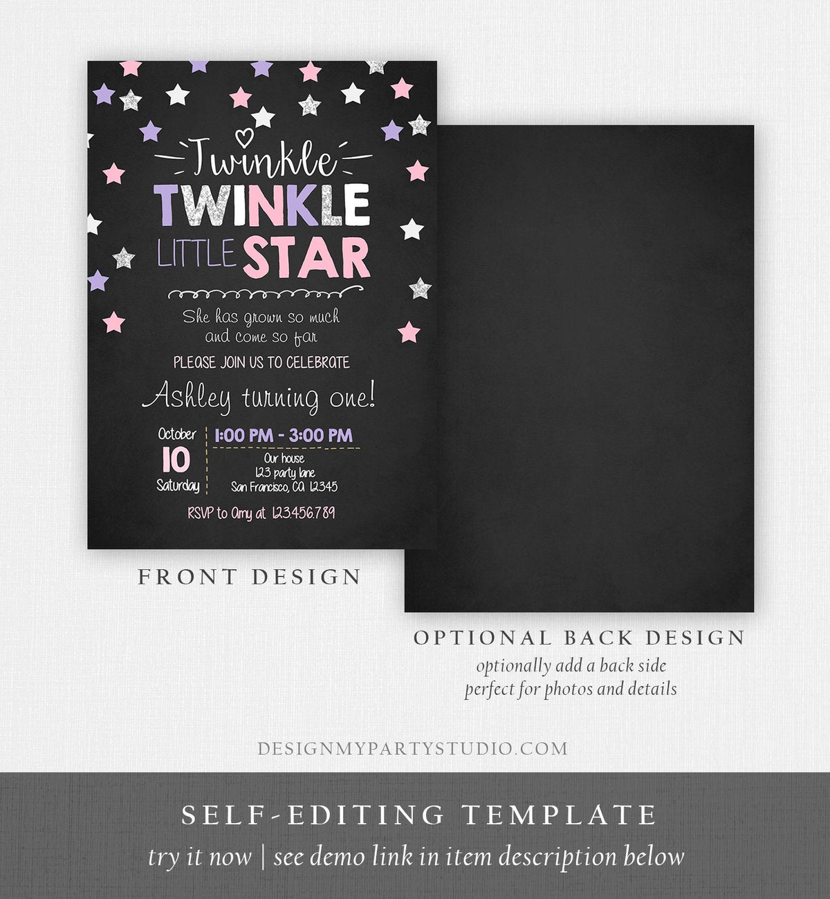 Editable Twinkle Little Star Birthday Invitation Pink Purple Silver Girl First Birthday Chalk Stars Download Corjl Template Printable 0028