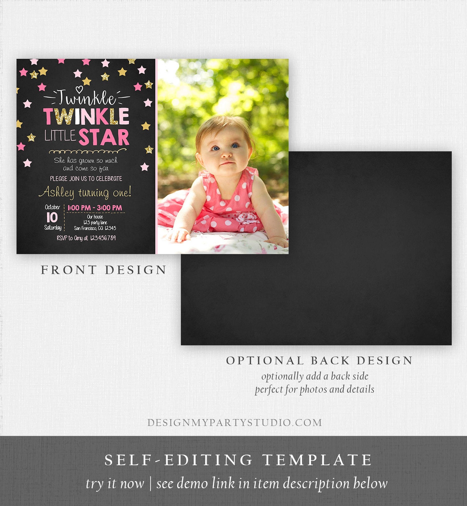 Editable Twinkle Little Star Birthday Invitation Pink Gold Photo Girl First Birthday Chalk Stars Download Corjl Template Printable 0028