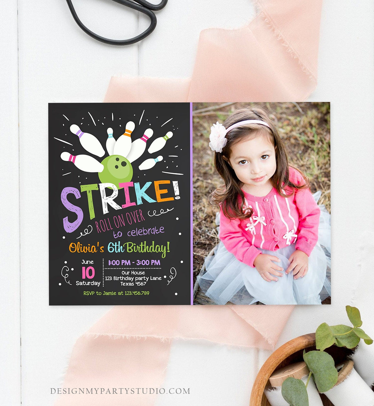 Editable Bowling Birthday Invitation Girls Pink Purple Bowling Party Strike Kids Instant Download Printable Invitation Template Corjl 0081