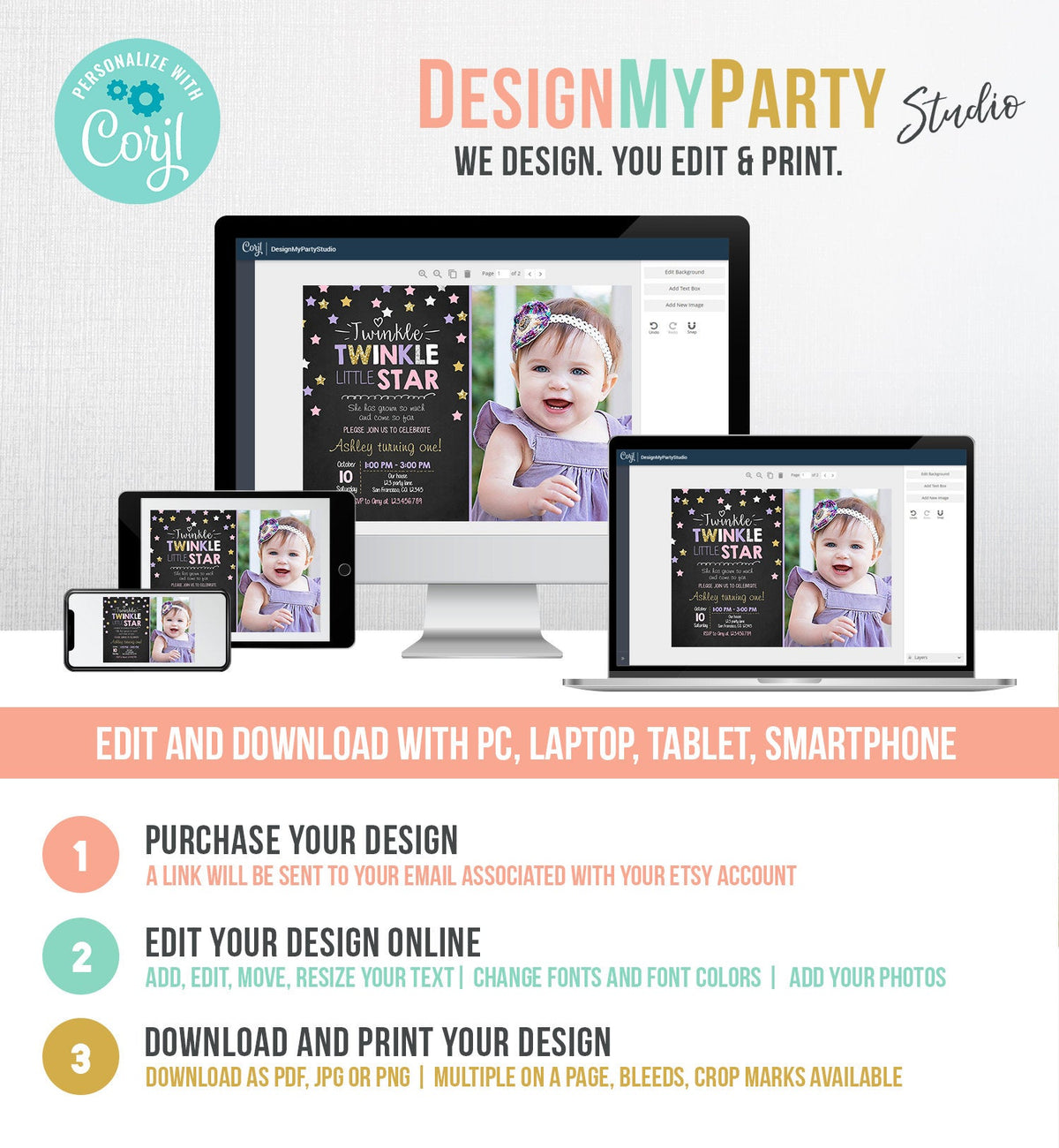 Editable Twinkle Little Star Birthday Invitation Pink Purple Gold Girl First Birthday Chalk Stars Download Corjl Template Printable 0028