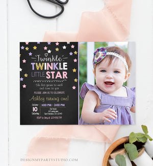 Editable Twinkle Little Star Birthday Invitation Pink Purple Gold Girl First Birthday Chalk Stars Download Corjl Template Printable 0028