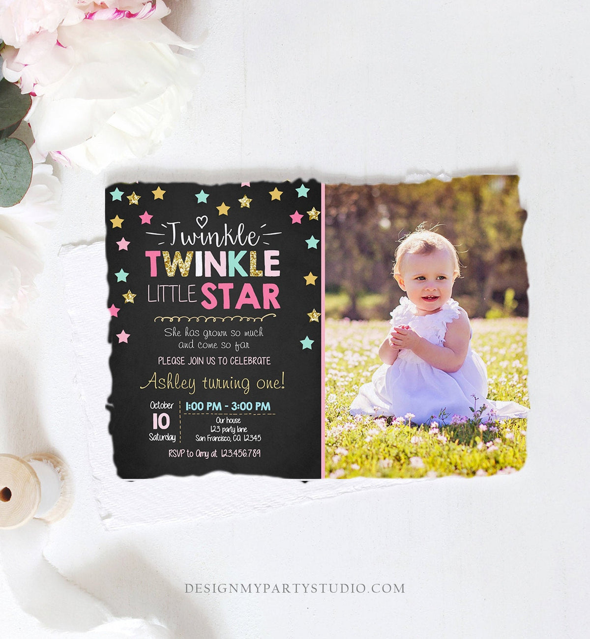 Editable Twinkle Little Star Birthday Invitation Pink Blue Mint Gold Girl First Birthday Chalk Stars Download Corjl Template Printable 0028
