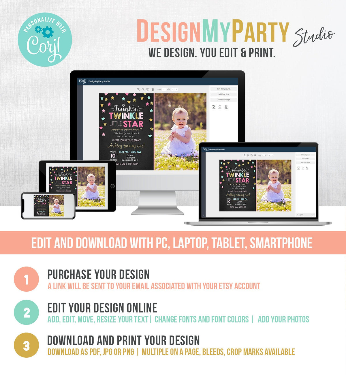 Editable Twinkle Little Star Birthday Invitation Pink Blue Mint Gold Girl First Birthday Chalk Stars Download Corjl Template Printable 0028