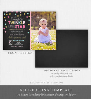 Editable Twinkle Little Star Birthday Invitation Pink Blue Mint Gold Girl First Birthday Chalk Stars Download Corjl Template Printable 0028