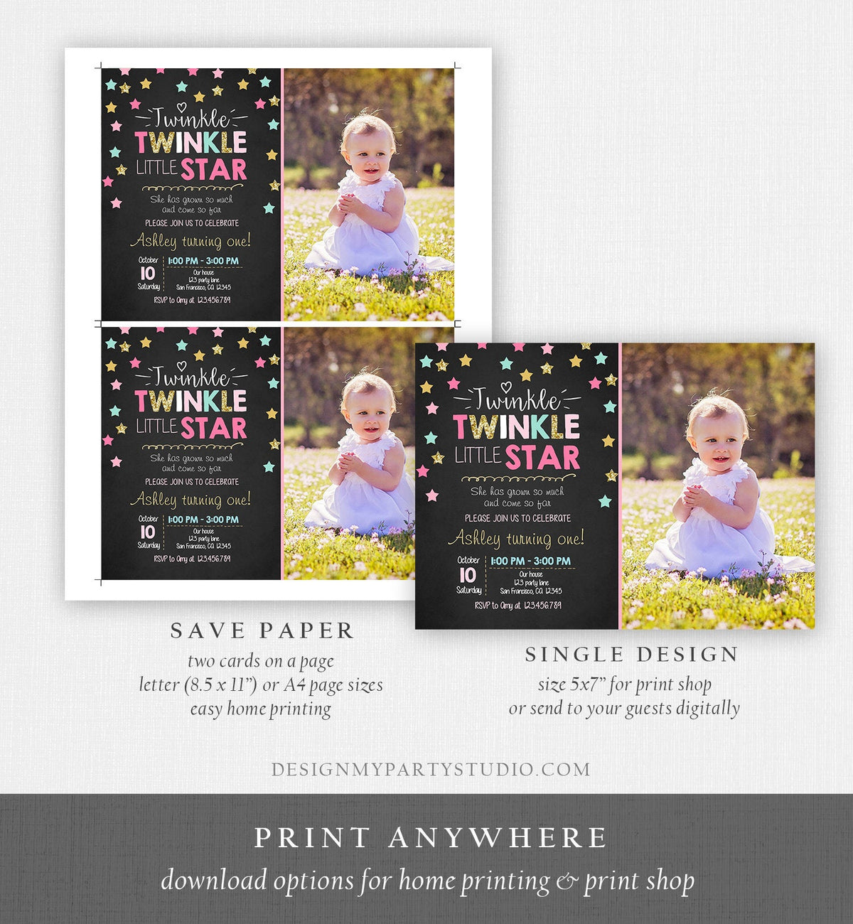 Editable Twinkle Little Star Birthday Invitation Pink Blue Mint Gold Girl First Birthday Chalk Stars Download Corjl Template Printable 0028