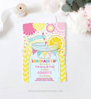 Editable Sunshine Lemonade Birthday Invitation Pink Girl Sunshine Party Lemonade Invitation 1st Birthday Printable Template Corjl 0214