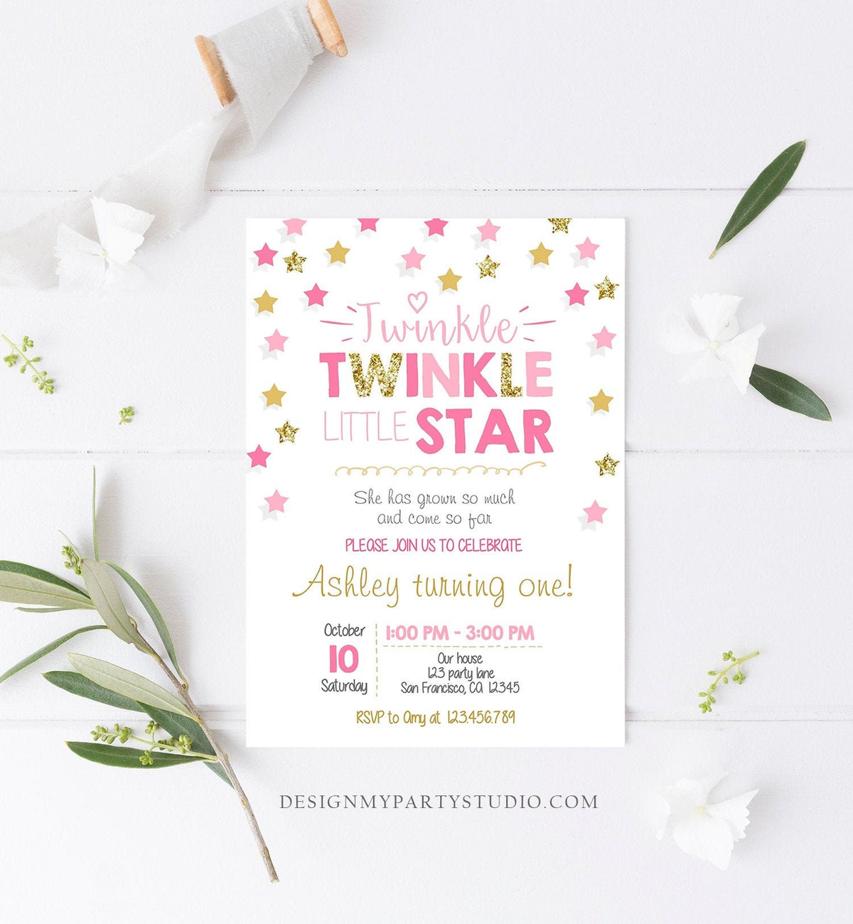 Editable Twinkle Little Star Birthday Invitation Pink Gold Glitter Girl First Birthday Chalk Stars Download Corjl Template Printable 0028