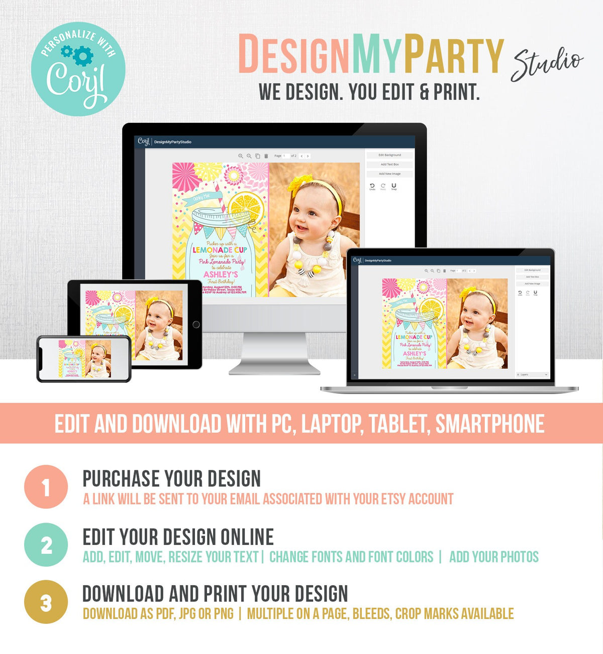 Editable Sunshine Lemonade Birthday Invitation Pink Girl Sunshine Party Lemonade Invitation 1st Birthday Printable Template Corjl 0214