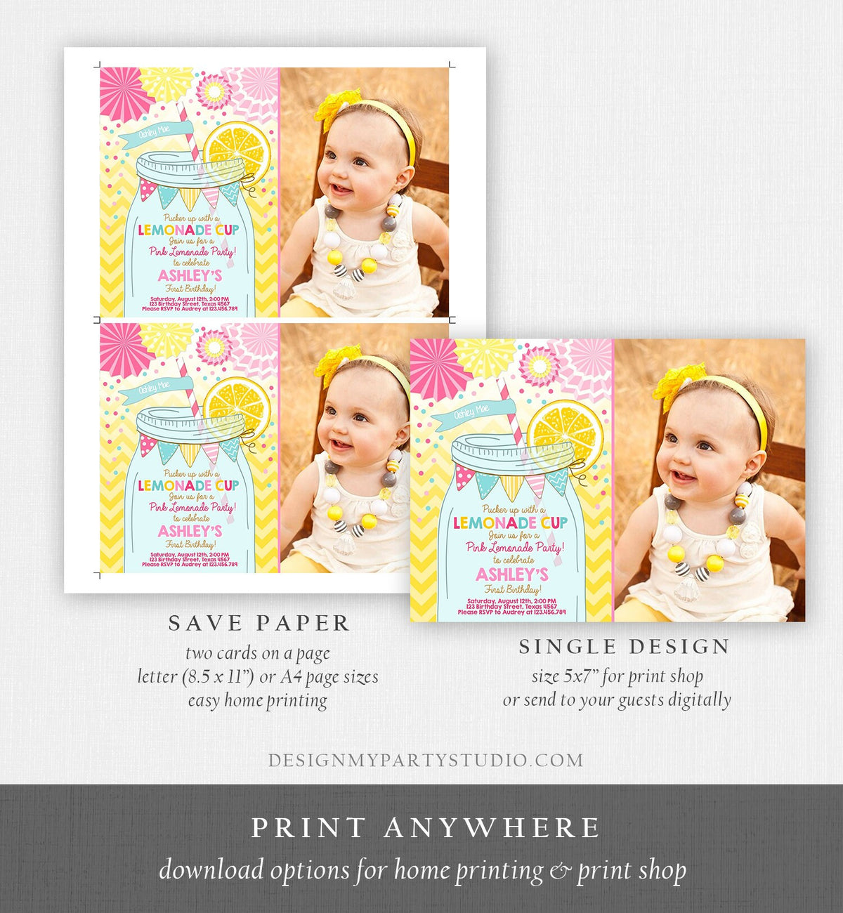 Editable Sunshine Lemonade Birthday Invitation Pink Girl Sunshine Party Lemonade Invitation 1st Birthday Printable Template Corjl 0214