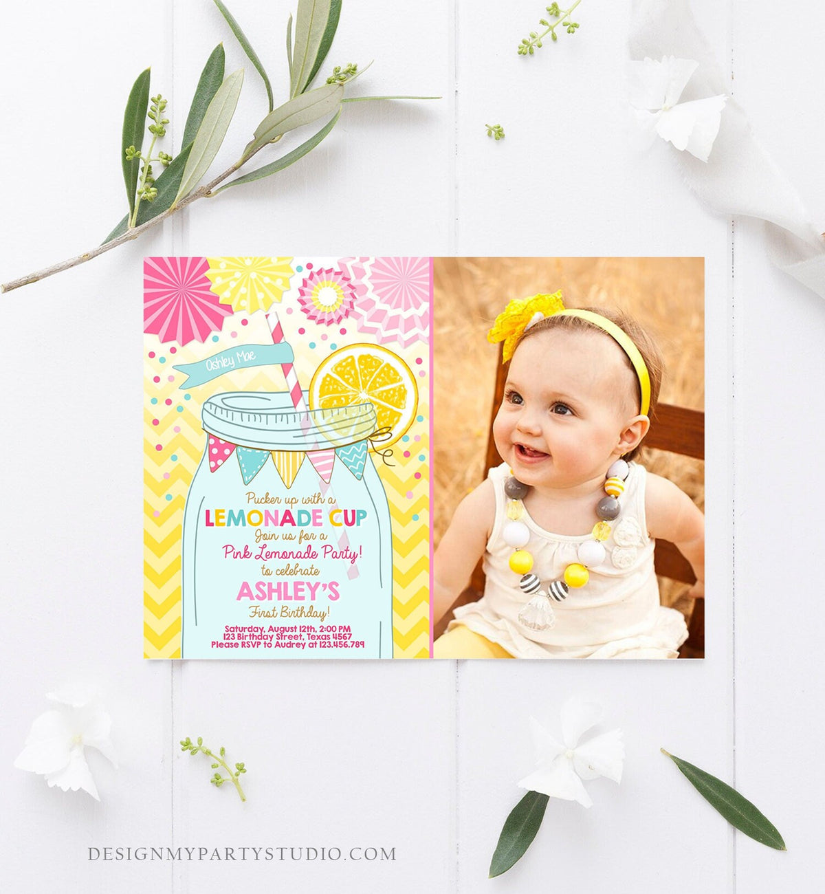 Editable Sunshine Lemonade Birthday Invitation Pink Girl Sunshine Party Lemonade Invitation 1st Birthday Printable Template Corjl 0214