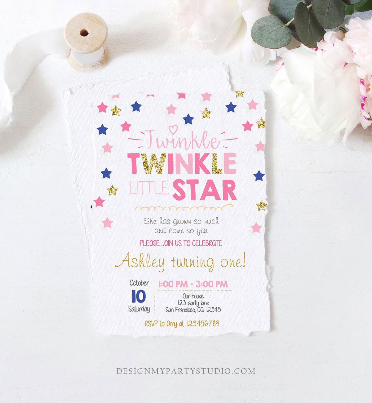 Editable Twinkle Little Star Birthday Invitation Pink Navy Blue Gold Girl First Birthday Chalk Stars Download Corjl Template Printable 0028