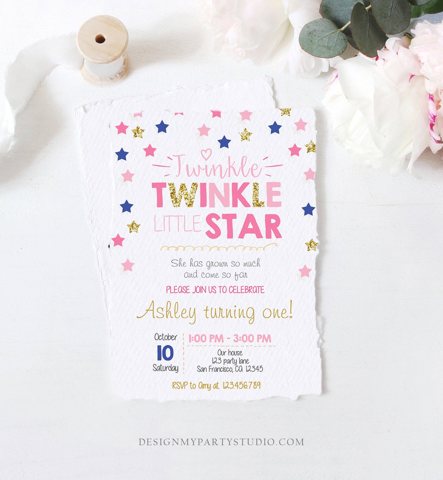 Editable Twinkle Little Star Birthday Invitation Pink Navy Blue Gold Girl First Birthday Chalk Stars Download Corjl Template Printable 0028