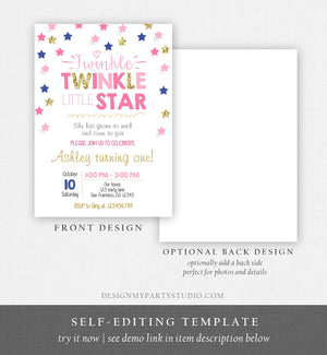 Editable Twinkle Little Star Birthday Invitation Pink Navy Blue Gold Girl First Birthday Chalk Stars Download Corjl Template Printable 0028