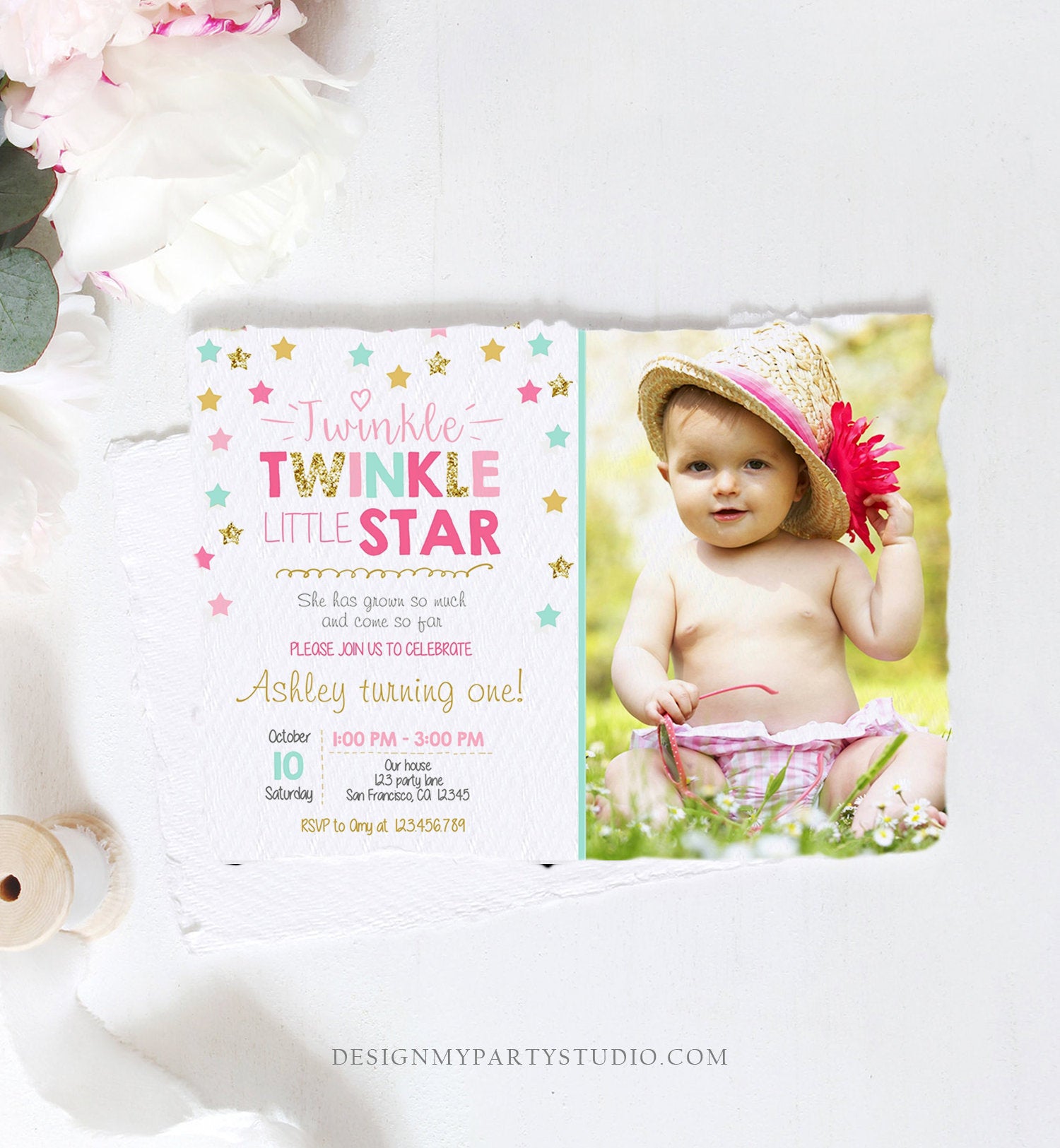 Editable Twinkle Little Star Birthday Invitation Pink Blue Mint Gold Girl First Birthday Chalk Stars Download Corjl Template Printable 0028