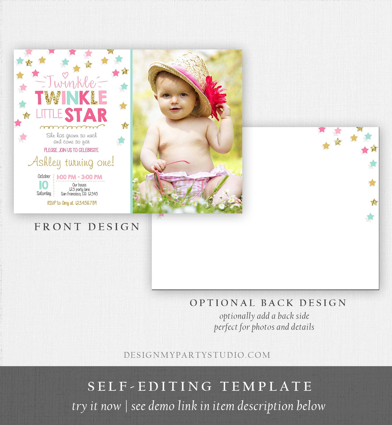 Editable Twinkle Little Star Birthday Invitation Pink Blue Mint Gold Girl First Birthday Chalk Stars Download Corjl Template Printable 0028