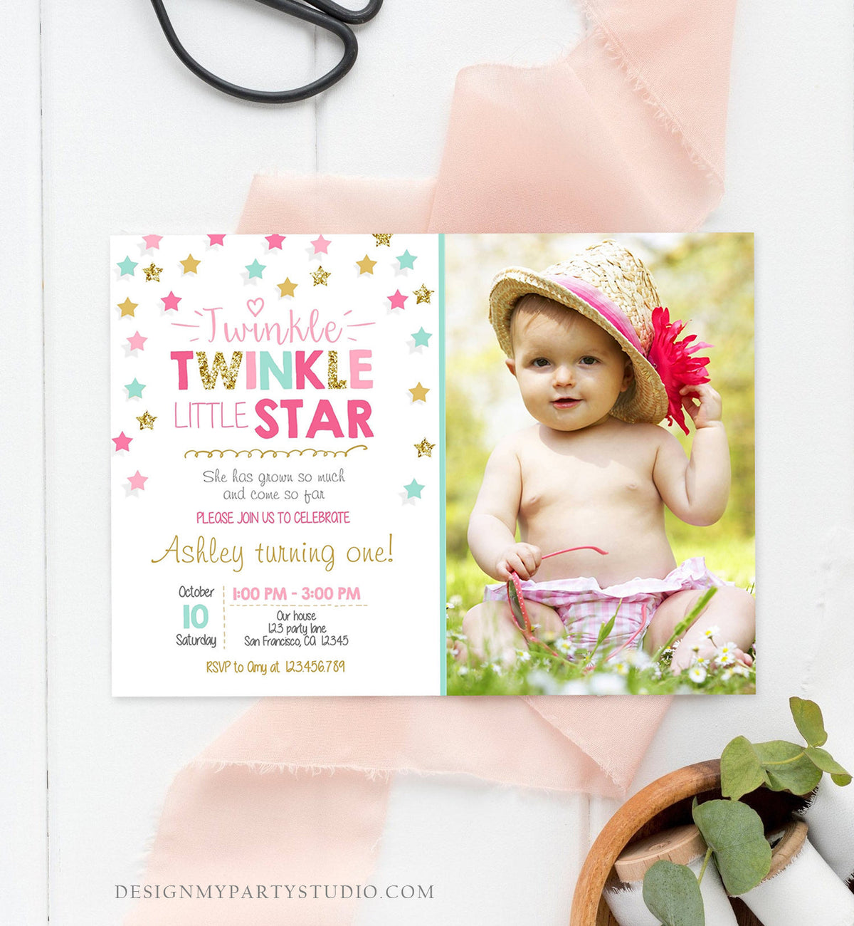 Editable Twinkle Little Star Birthday Invitation Pink Blue Mint Gold Girl First Birthday Chalk Stars Download Corjl Template Printable 0028