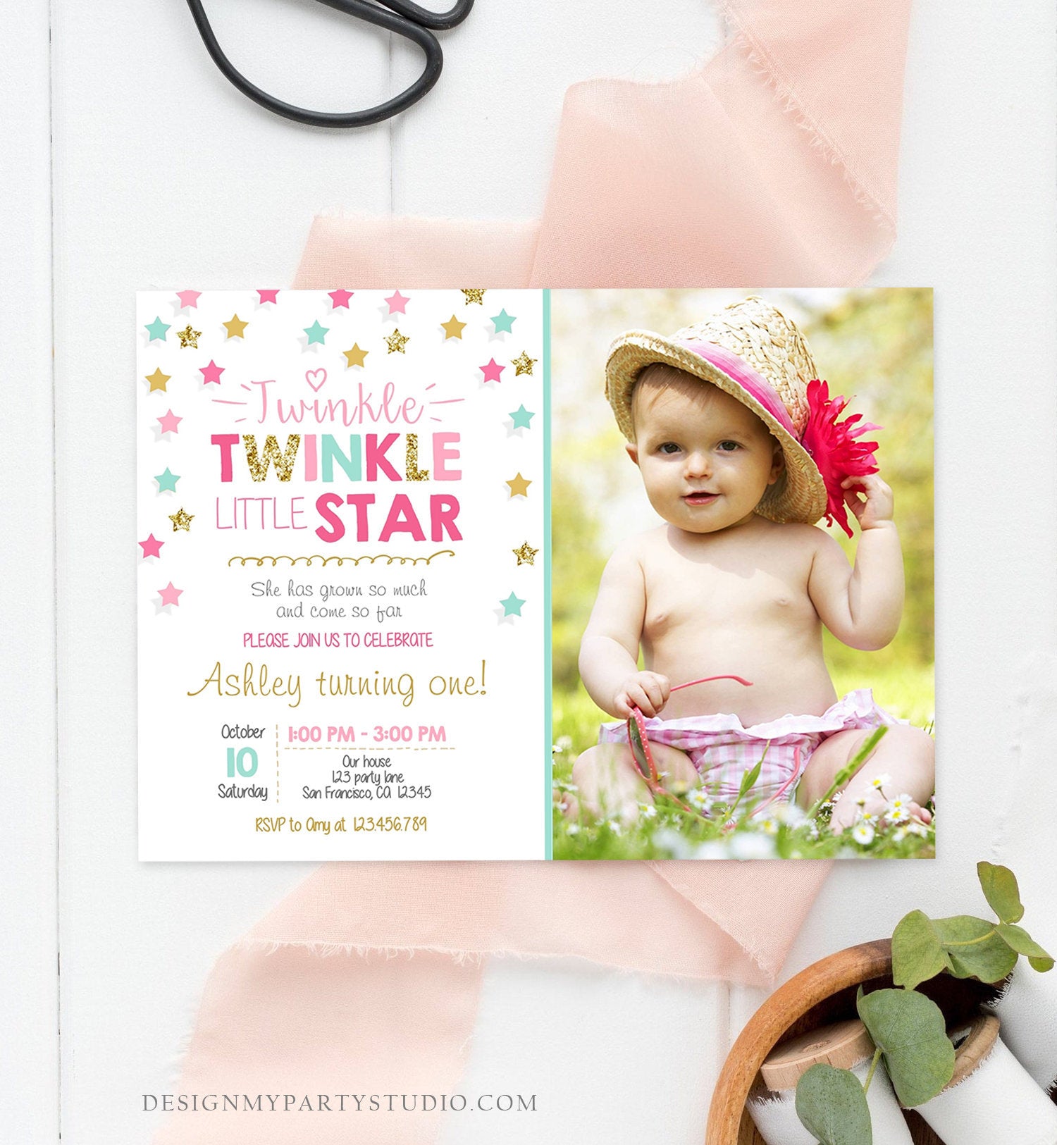 Editable Twinkle Little Star Birthday Invitation Pink Blue Mint Gold Girl First Birthday Chalk Stars Download Corjl Template Printable 0028