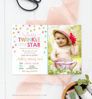 Editable Twinkle Little Star Birthday Invitation Pink Blue Mint Gold Girl First Birthday Chalk Stars Download Corjl Template Printable 0028