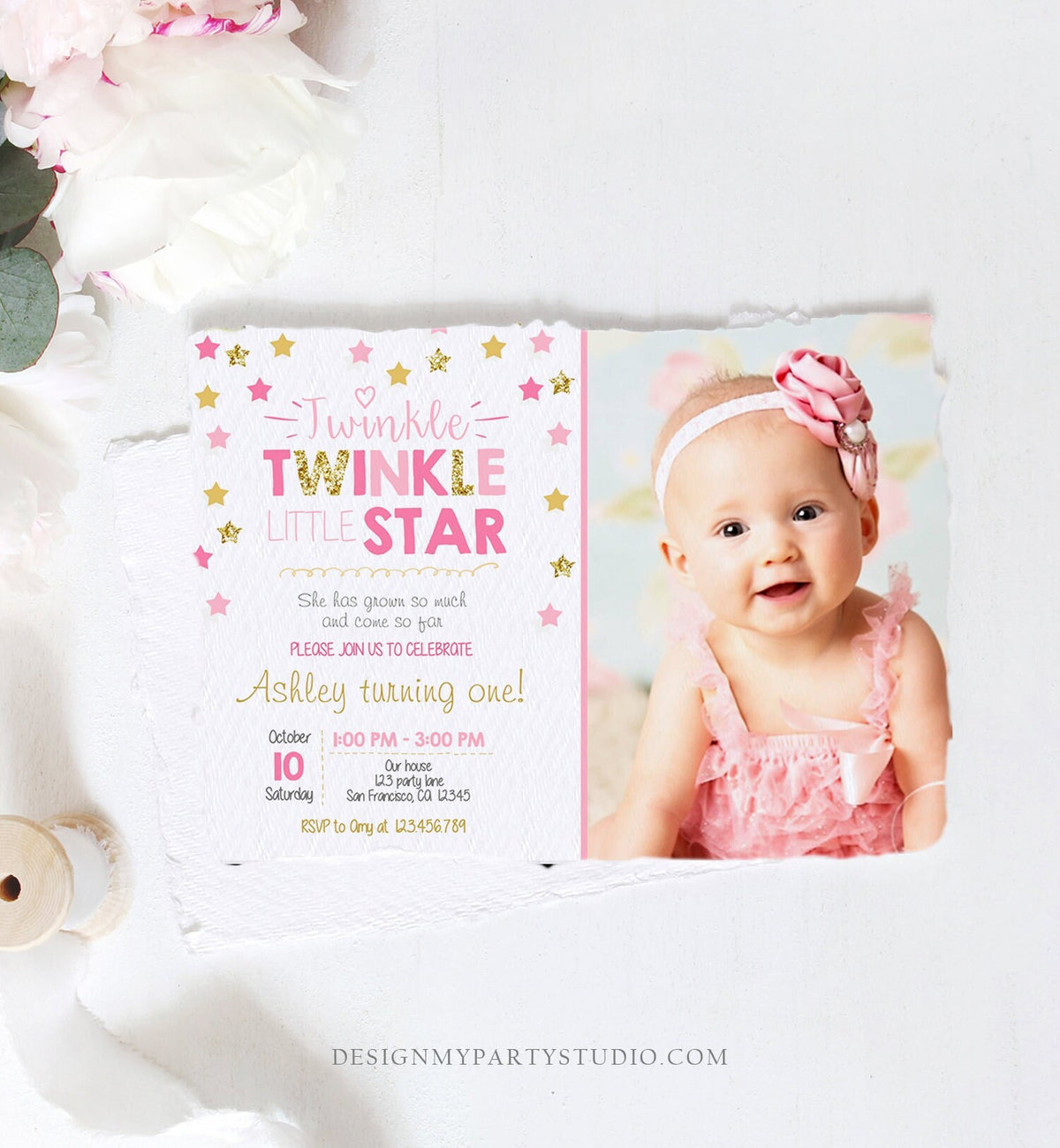 Editable Twinkle Little Star Birthday Invitation Pink Gold Glitter Girl First Birthday Chalk Stars Download Corjl Template Printable 0028