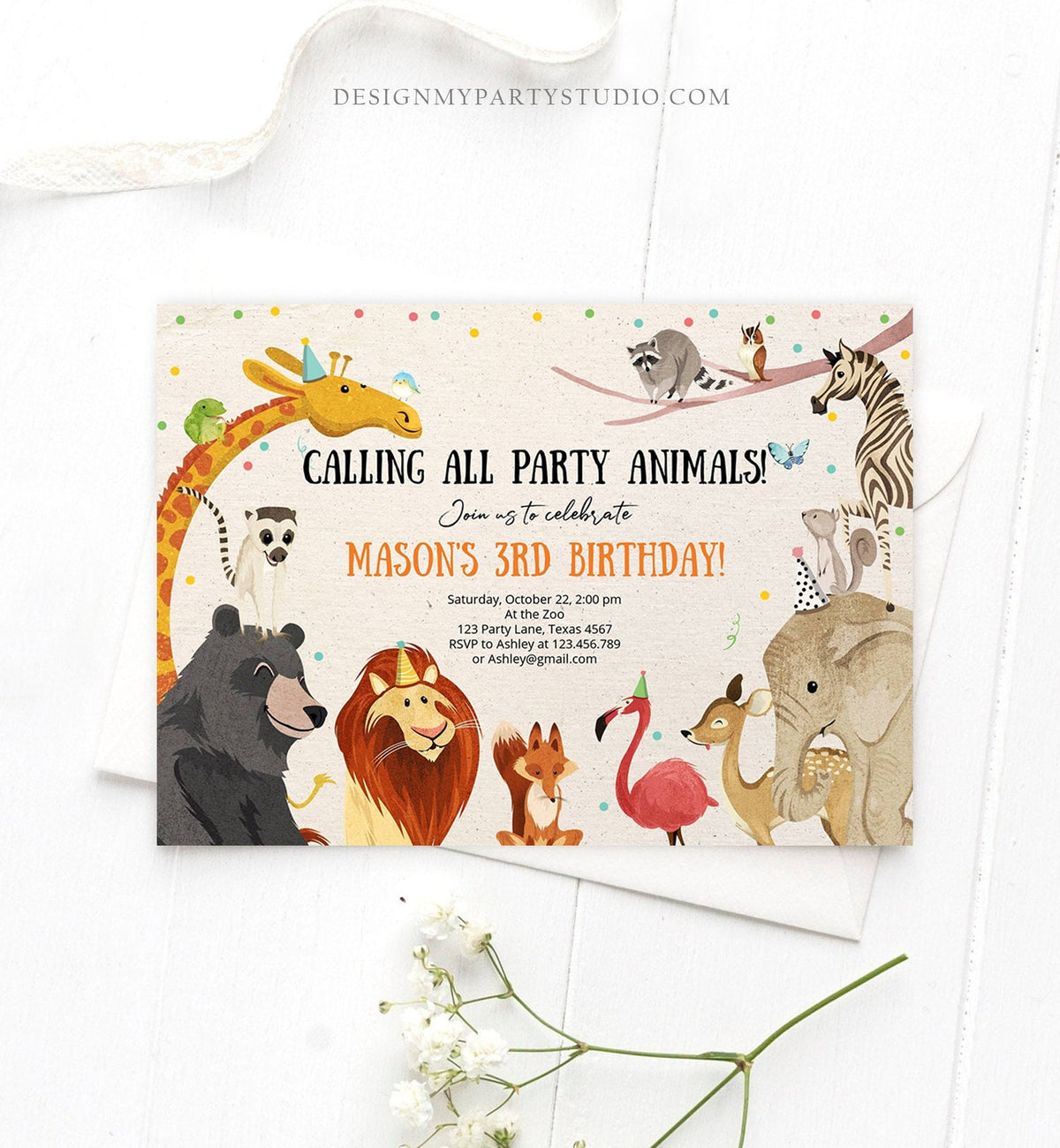 Editable Birthday Invitation Party Animals Wild One Baby Shower Invite Zoo Safari Animals Download Printable Invitation Template Corjl 0196